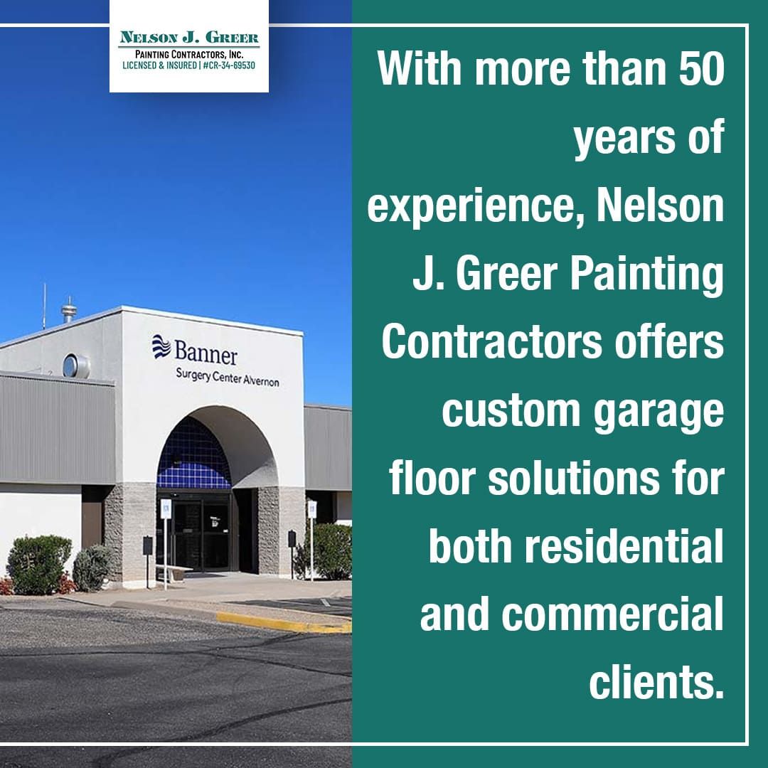 A split image with the Nelson J. Greer Painting Contractors logo at the top left and a modern white building with "Banner Surgery Center Alvernon" above its entrance on the left side.