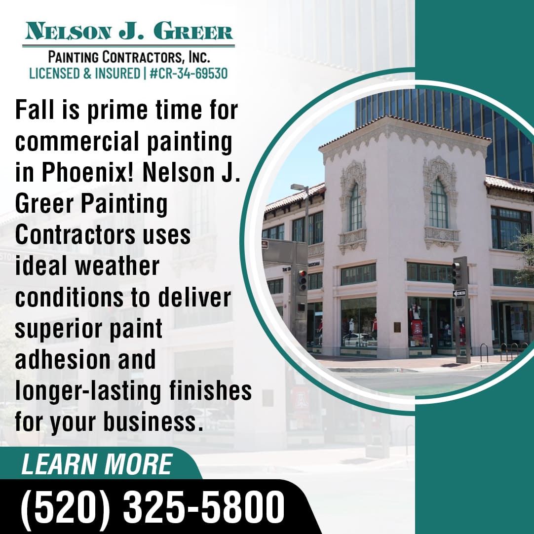 A circular inset image shows a decorative, light-colored commercial building with large windows on a sunny day. Text on the left states "Fall is prime time for commercial painting in Phoenix! Nelson J. Greer Painting Contractors uses ideal weather conditions to deliver superior paint adhesion and longer-lasting finishes for your business." The "Nelson J. Greer Painting Contractors, Inc." logo, phone number (520) 325-5800, and "LEARN MORE" are at the bottom.