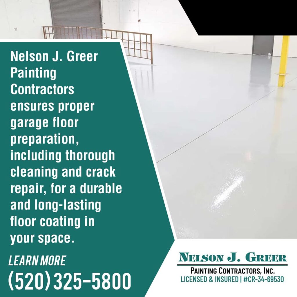 Polished and durable garage floor after professional preparation and coating by Nelson J. Greer Painting Contractors.