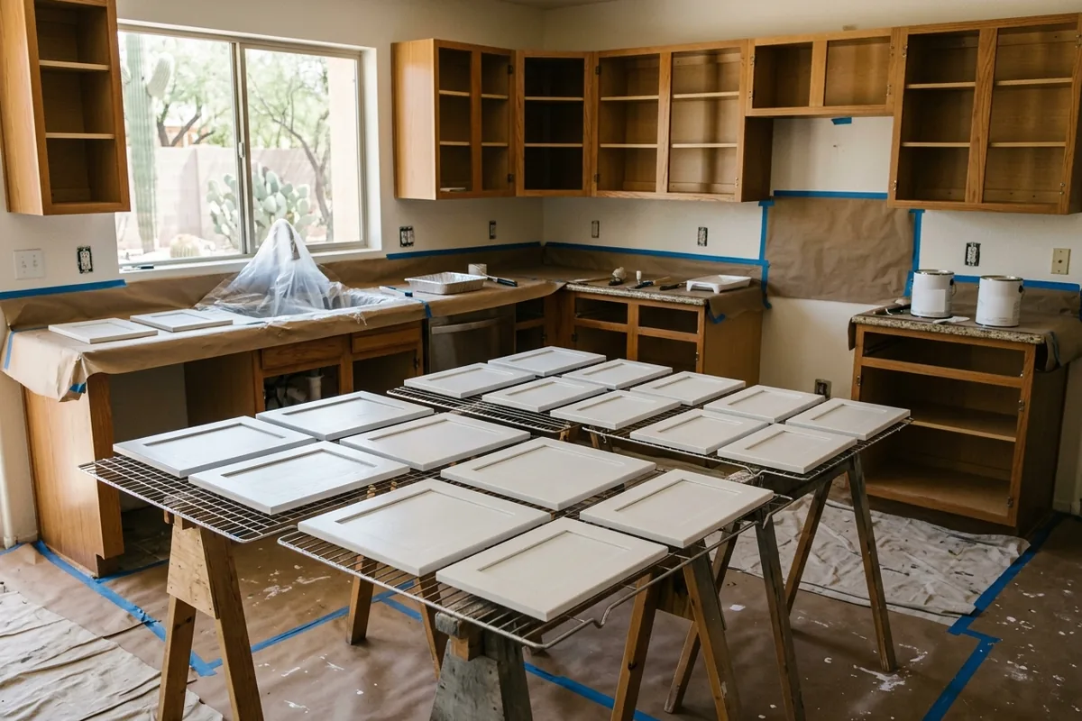 White painted cabinet doors drying on racks in a Tucson kitchen with the oak cabinet boxes open and taped off